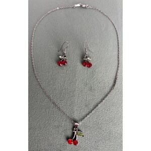 18K RGP Cherry Charm Necklace Earrings Set Rhinestone Dangle Fruit Jewelry P111